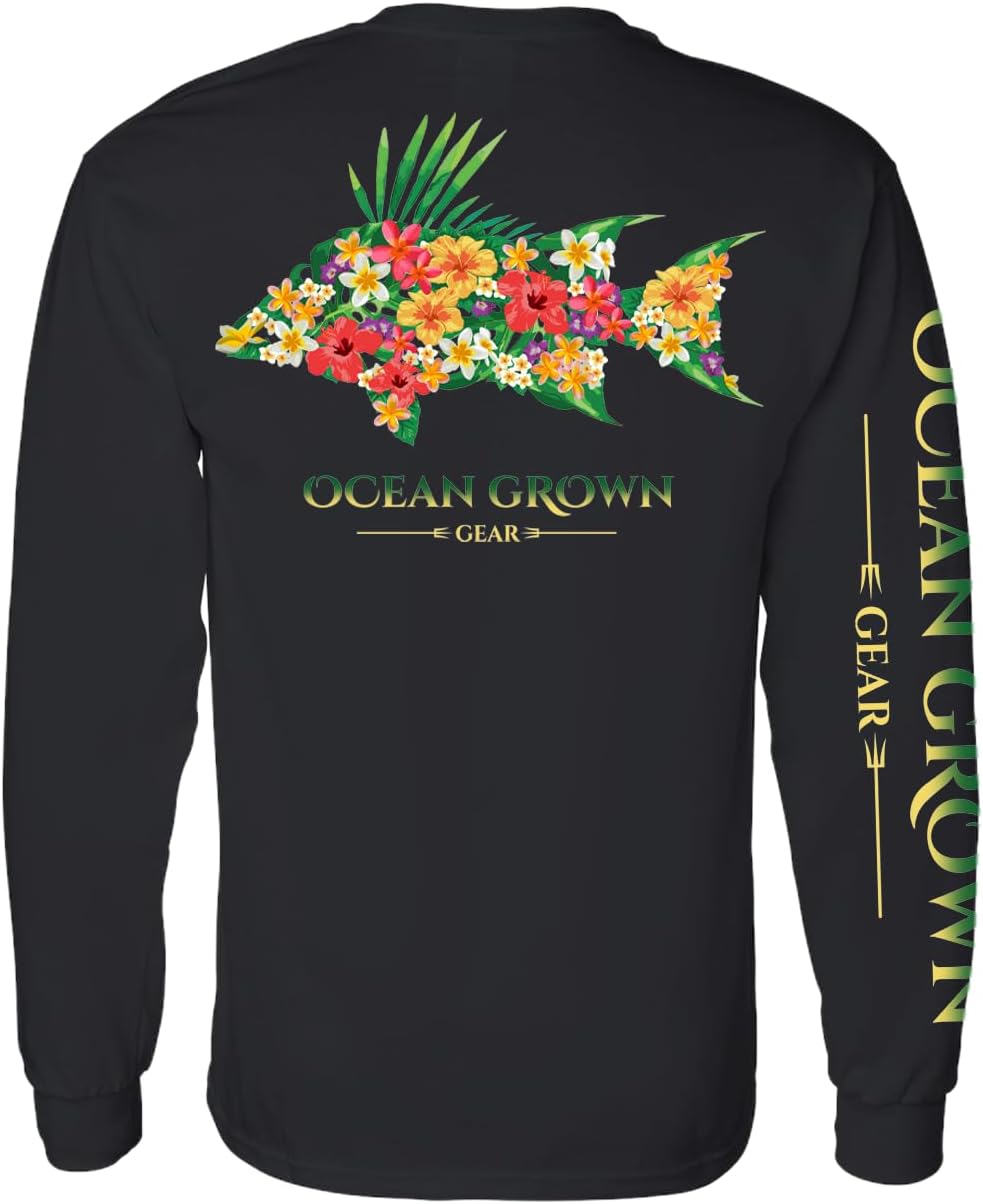 Ocean Grown Men's Graphic Fishing Tee, Nautical Offshore Hogfish - Long Sleeve Black