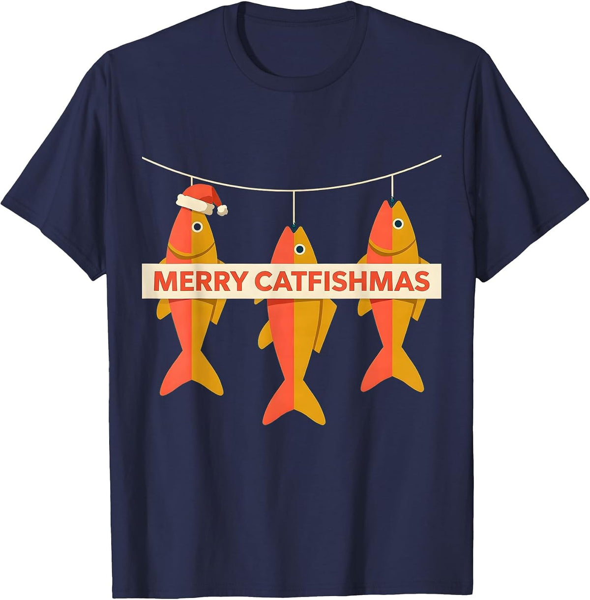 Merry Catfishmas Midcentury Modern Fishing Humor Christmas T-Shirt - Navy Blue