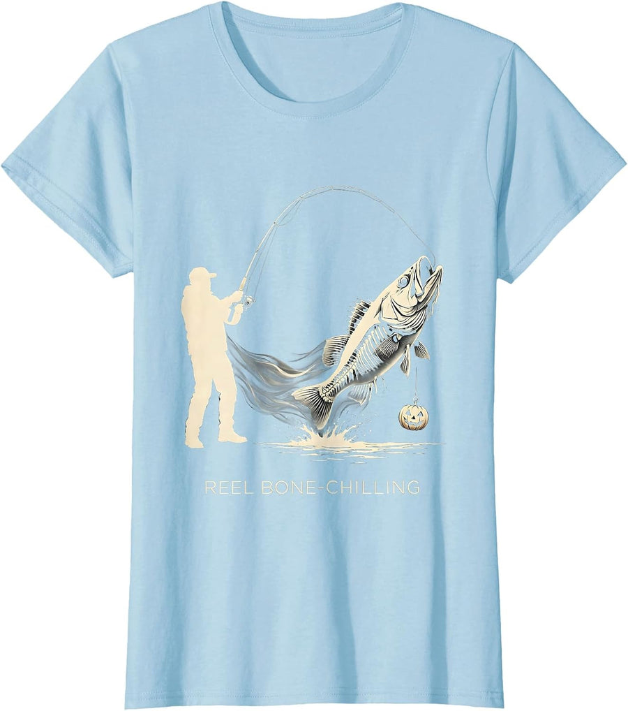 Women's Reel Bone-Chilling Silhouette Halloween Skeleton Fishing T-Shirt - Baby Blue