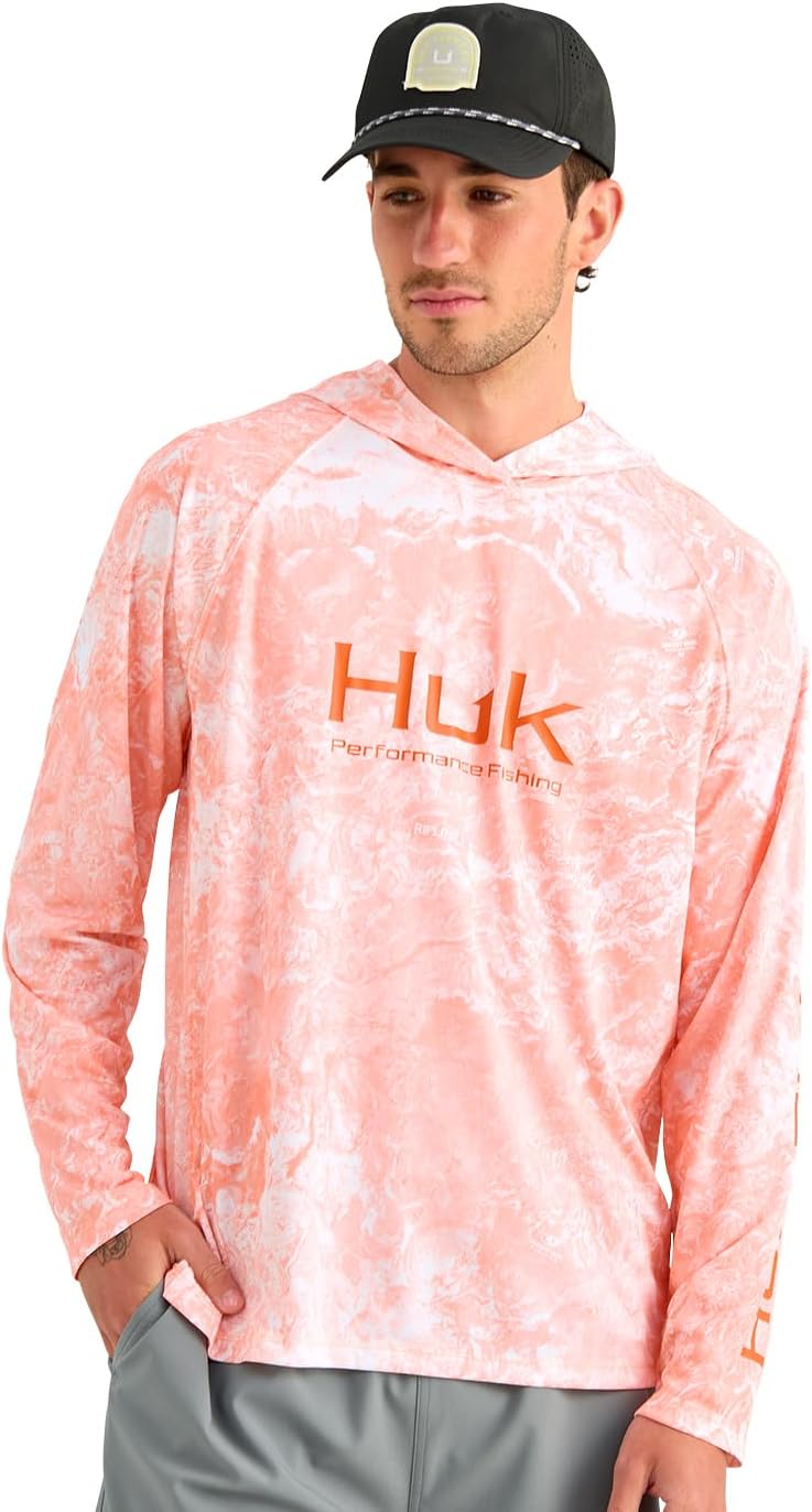 HUK Men's Pursuit Pattern Crew Long Sleeve, Performance Shirt - Coral Reef