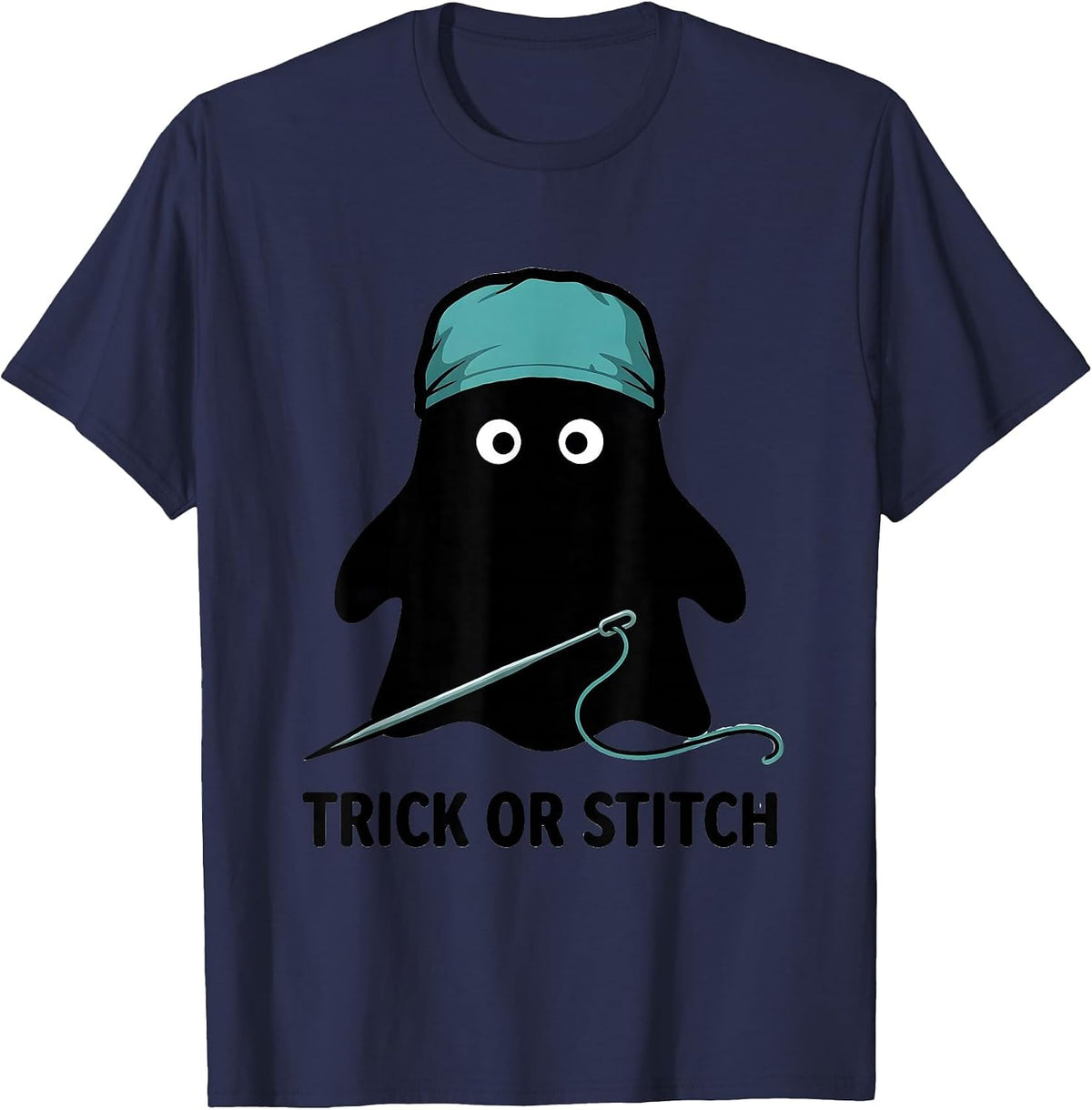 Trick Or Stitch Funny Ghost Surgeon Halloween Medical Crew T-Shirt - Navy Blue