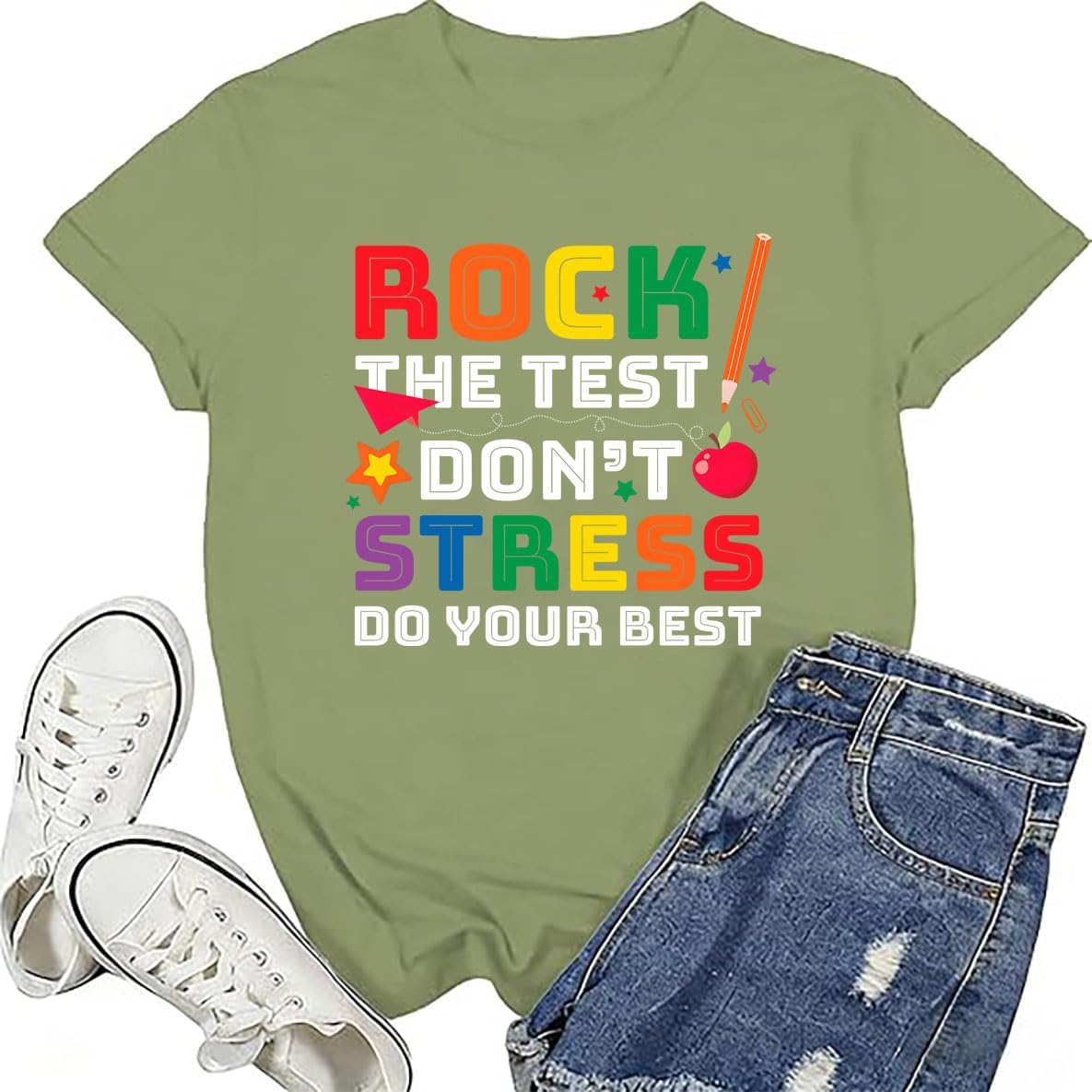 Rock The Test Don't Stress Shirt, Just Do Your Best Teacher T-Shirt, Testing Shirts for Teachers - Crewneck Green