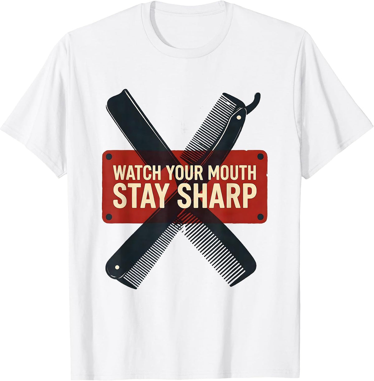Men's Watch Your Mouth Stay Sharp Funny Barber Bald Men Humor T-Shirt - White