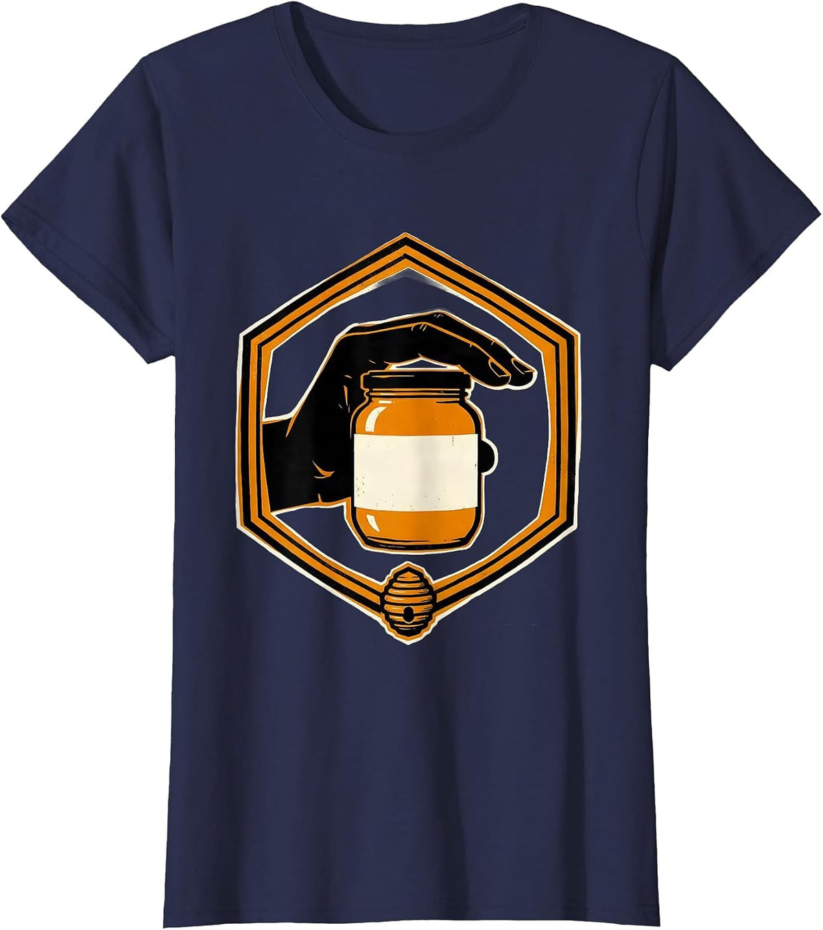 Women's Honey Jar Badge Screenprint Poster Beekeeper Market Stall T-Shirt - Navy Blue