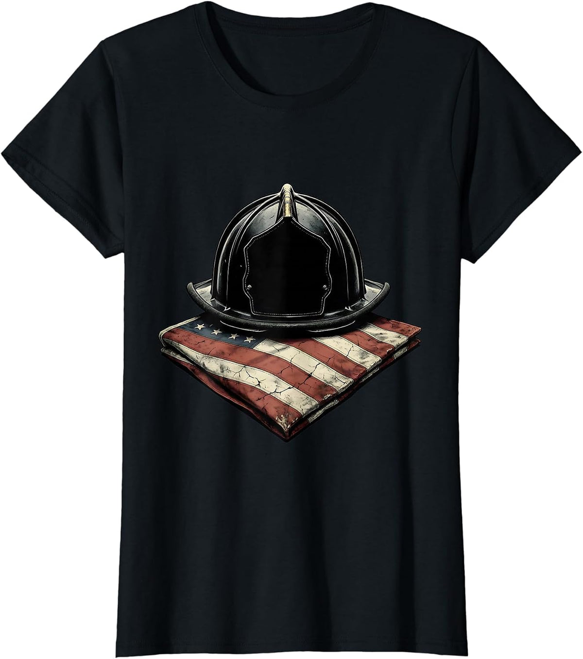 Sept 11 Memorial Firefighter Helmet Folded Flag T-Shirt - Black