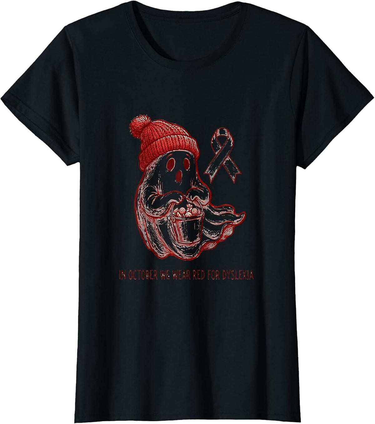 Women's In October We Wear Red for Dyslexia Line Art Dyslexia T-Shirt - Black