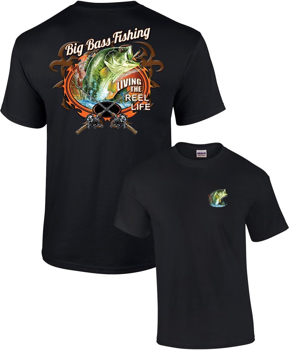 Big Bass Fishing T-Shirt Fisherman Outdoors Fish Boating Sporting Sport -Black-Large - As Pictured
