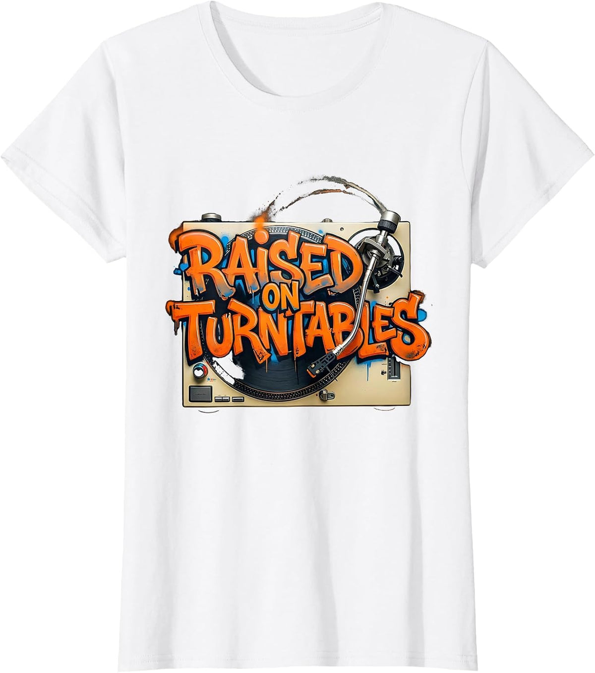Women's Raised On Turntables Graffiti 90s Hip-Hop Rap Lyric T-Shirt - White