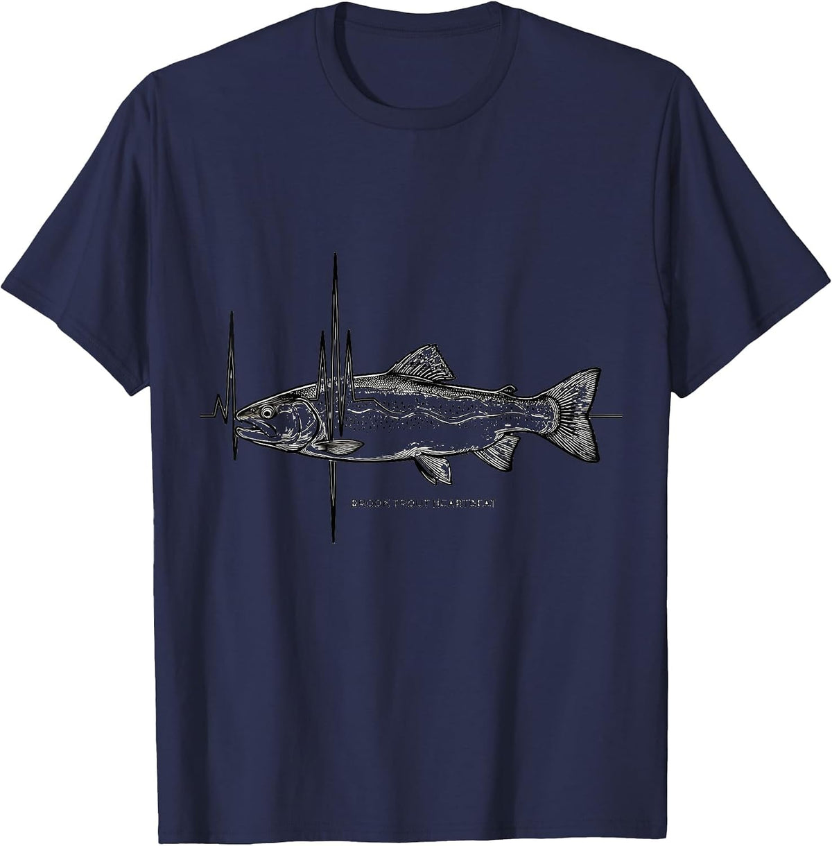 Men's Brook Trout Heartbeat Line Art Freshwater Fishing Angler T-Shirt - Navy Blue