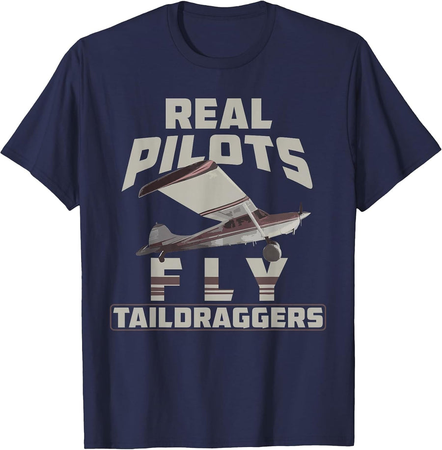 Real Pilots Fly Taildraggers Funny Vintage Airplane T-Shirt T-Shirt - Navy Blue
