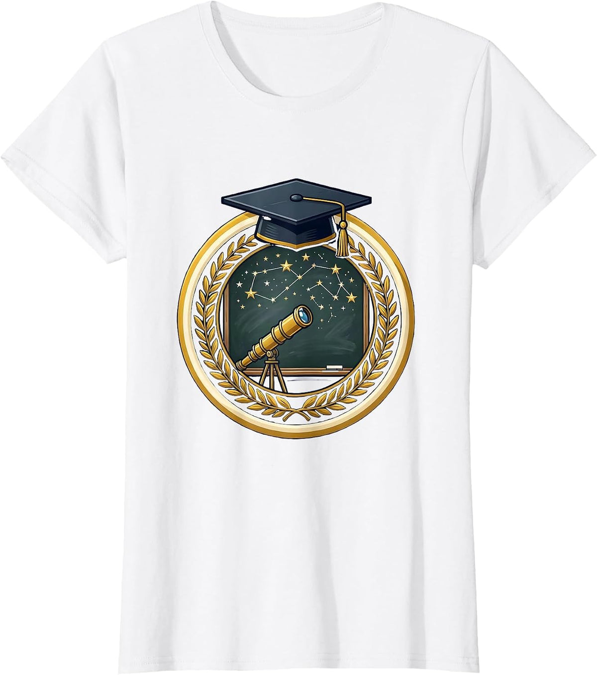 Women's Telescope Stargazing Chalkboard Science Design T-Shirt - White