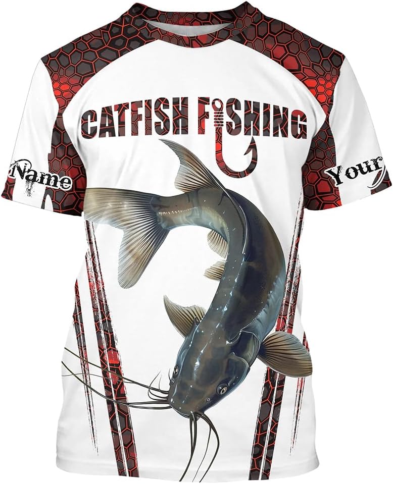 Catfish Fishing red camo Custom Name UV Protection Long Sleeve Fishing Shirts - All-over Print T-shirt