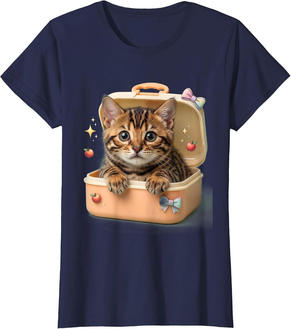 Women's Bengal Kitten in Lunch Box Back to School T-Shirt - Navy Blue