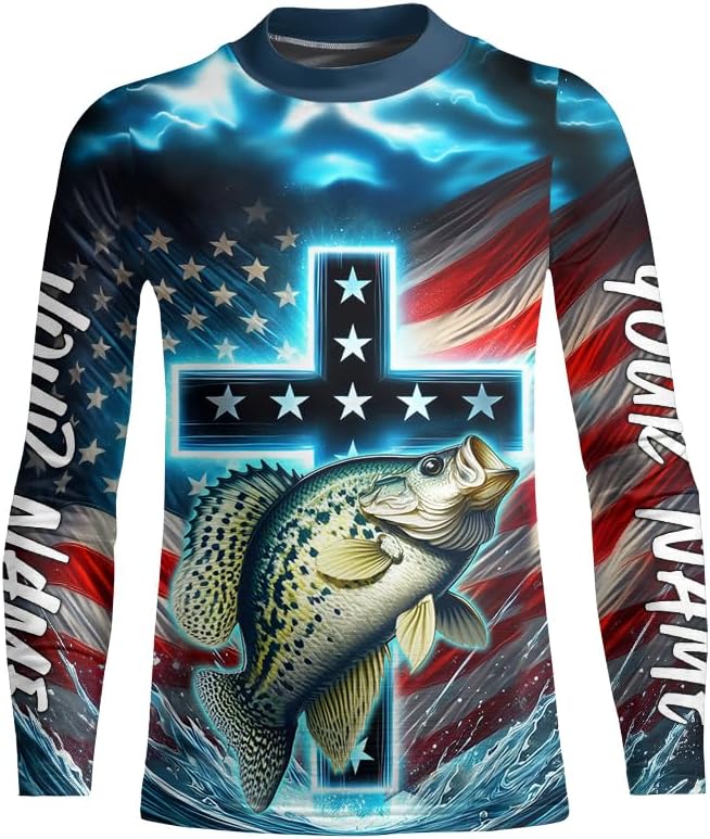Custom Faith Crappie Patriotic Long Sleeve Tournament Fishing Shirt, Crappie Fishing Jersey - Kid Long Sleeves Upf