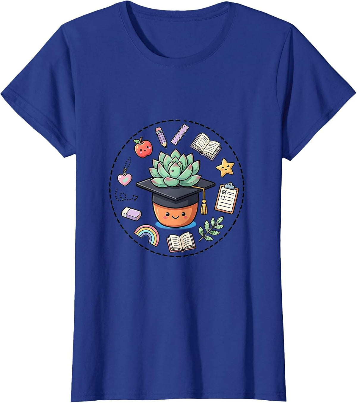 Women's Elementary Teacher Graduation Potted Plant Design T-Shirt - Royal Blue