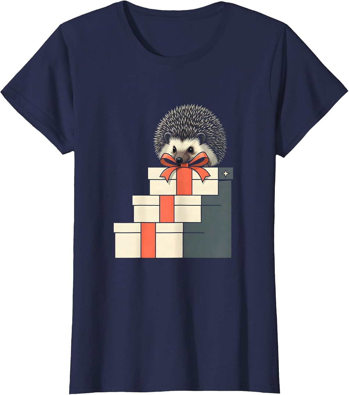 Women's Hedgehog Curled Gift Boxes Cute Christmas Novelty T-Shirt - Navy Blue