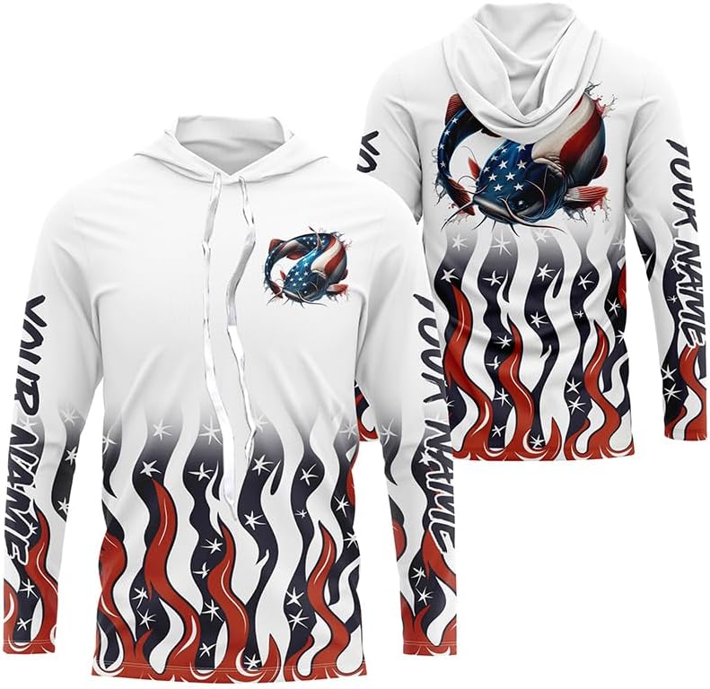 Personalized American Flag Catfish Long Sleeve Fishing Shirts, Patriotic Catfish Fishing Gifts - Long Sleeves Hooded Upf