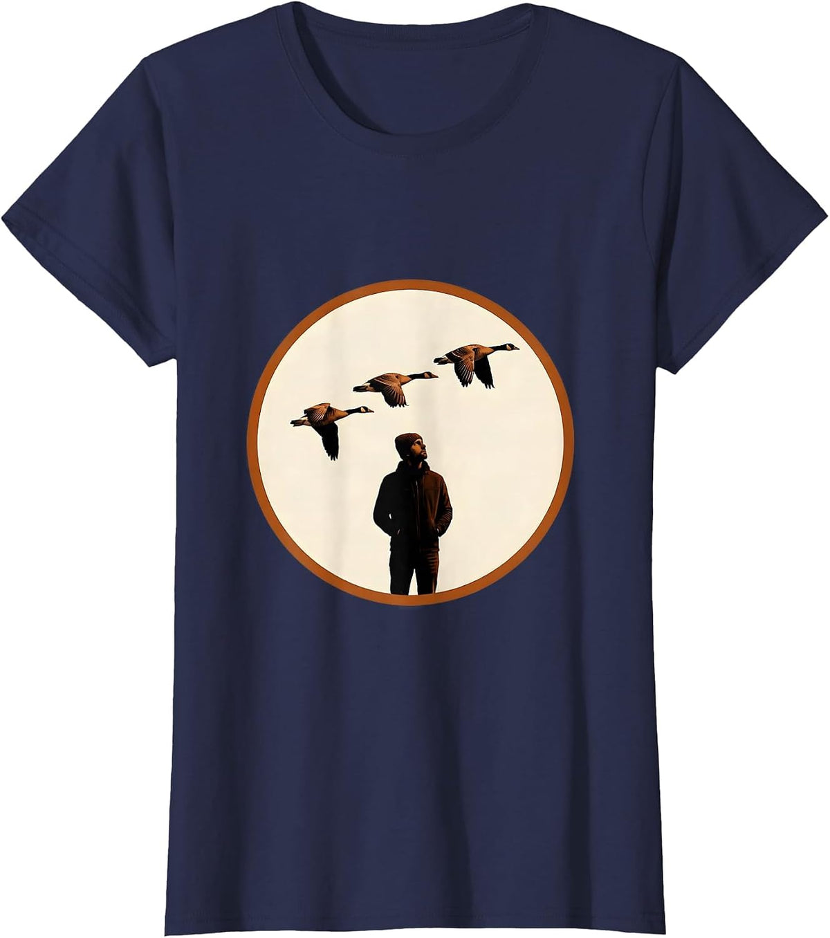 Women's Fall Geese Migration Knit Cap Nature Scene T-Shirt - Navy Blue