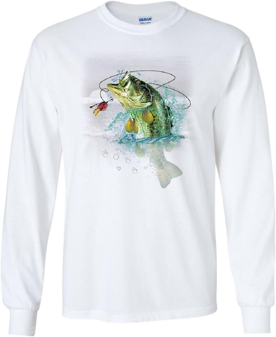 Bass Fishing Long Sleeve T-Shirt Fisherman Camping Hobby Angler Lake River Tee - White