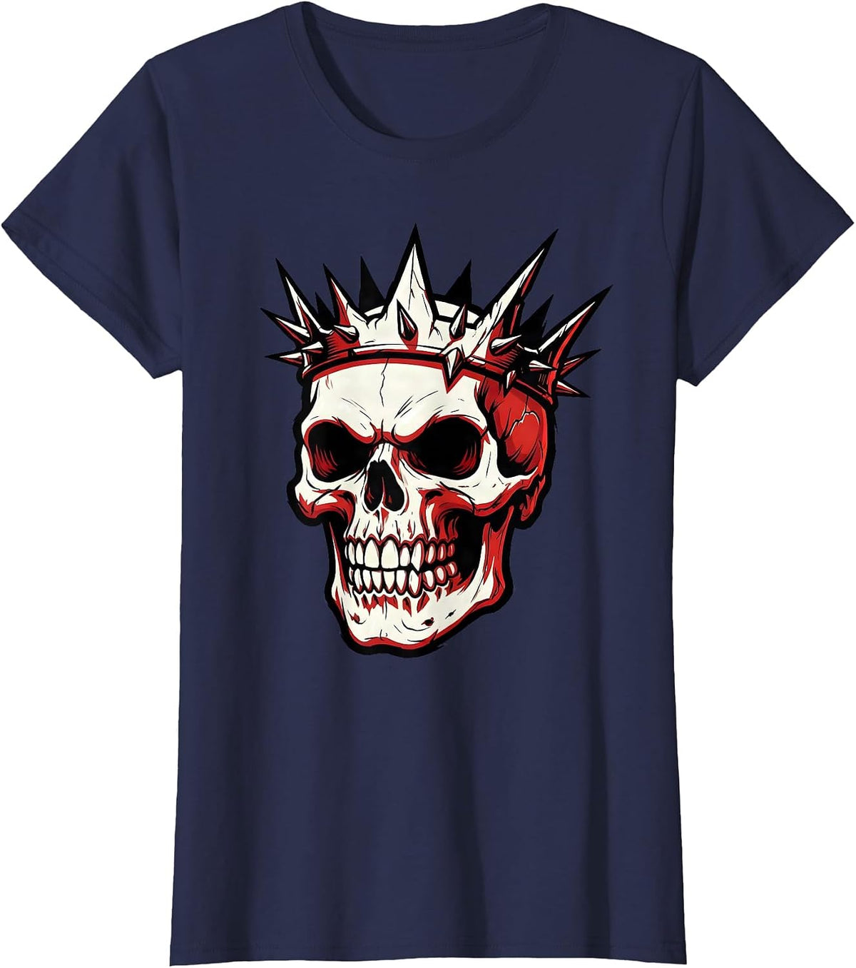 Women's Rebel Skull Spiked Crown Fierce Expression Graphic T-Shirt - Navy Blue