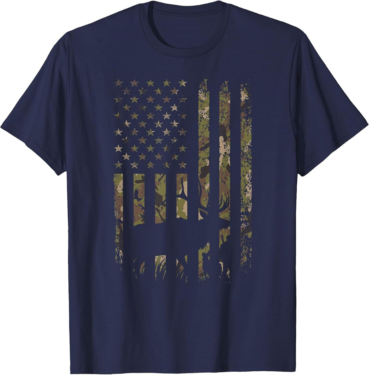 Outdoor Antlers Deer American Flag Camouflage T-Shirt - Navy Blue