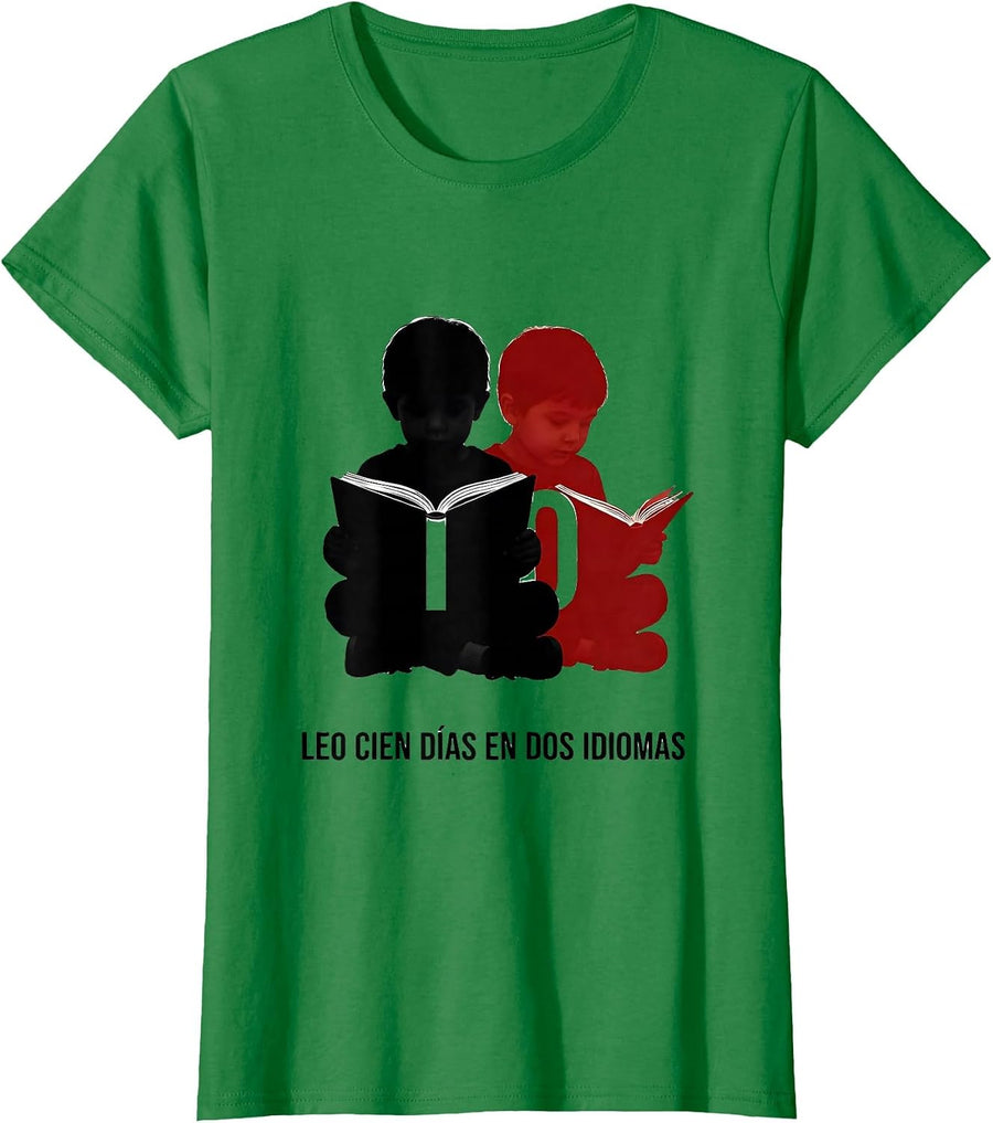 Women's Leo Cien Días en Dos Idiomas Bilingual Spanish Teacher 100th T-Shirt - Kelly Green