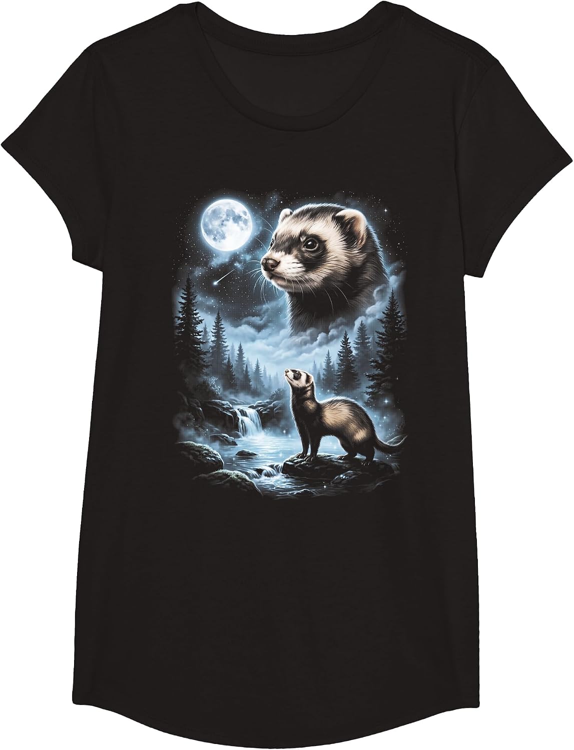 Ferret Howling at Moon 90's Retro T-Shirt - Girls Black