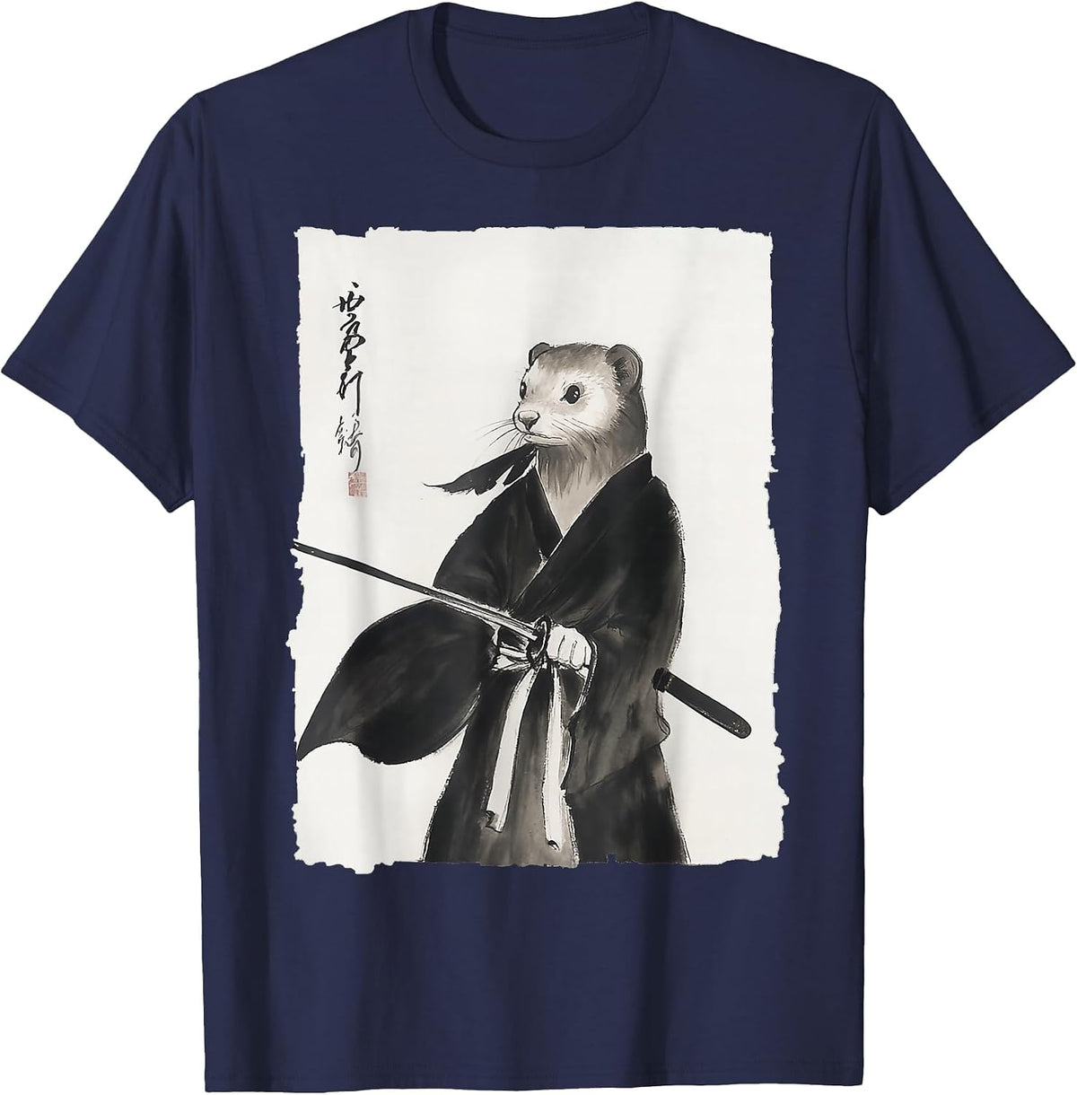 Ferret Samurai Janpanese Vintage Warrior Art Anime Graphic T-Shirt - Navy Blue