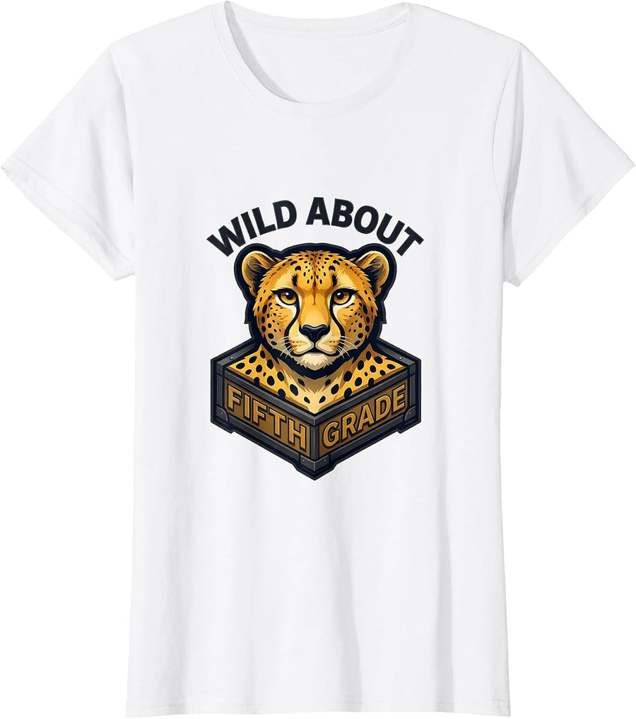 Women's Wild About Fifth Grade Playful Teacher Animal Print School T-Shirt - White