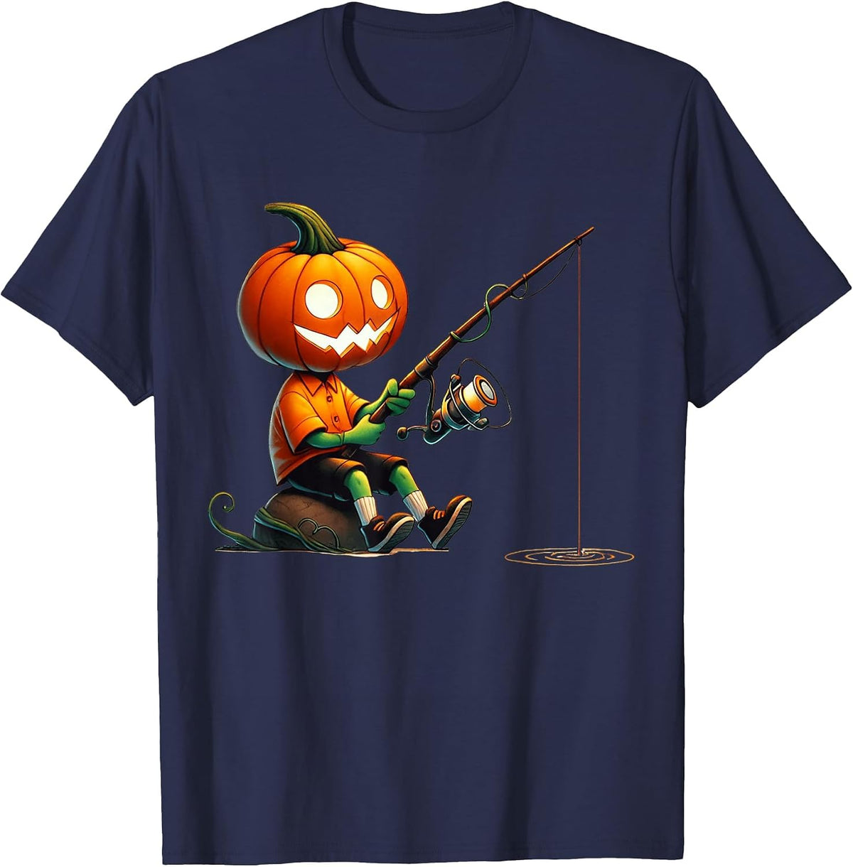 Pumpkin Face Fishing Halloween Costume Men Boys Kids T-Shirt - Navy Blue