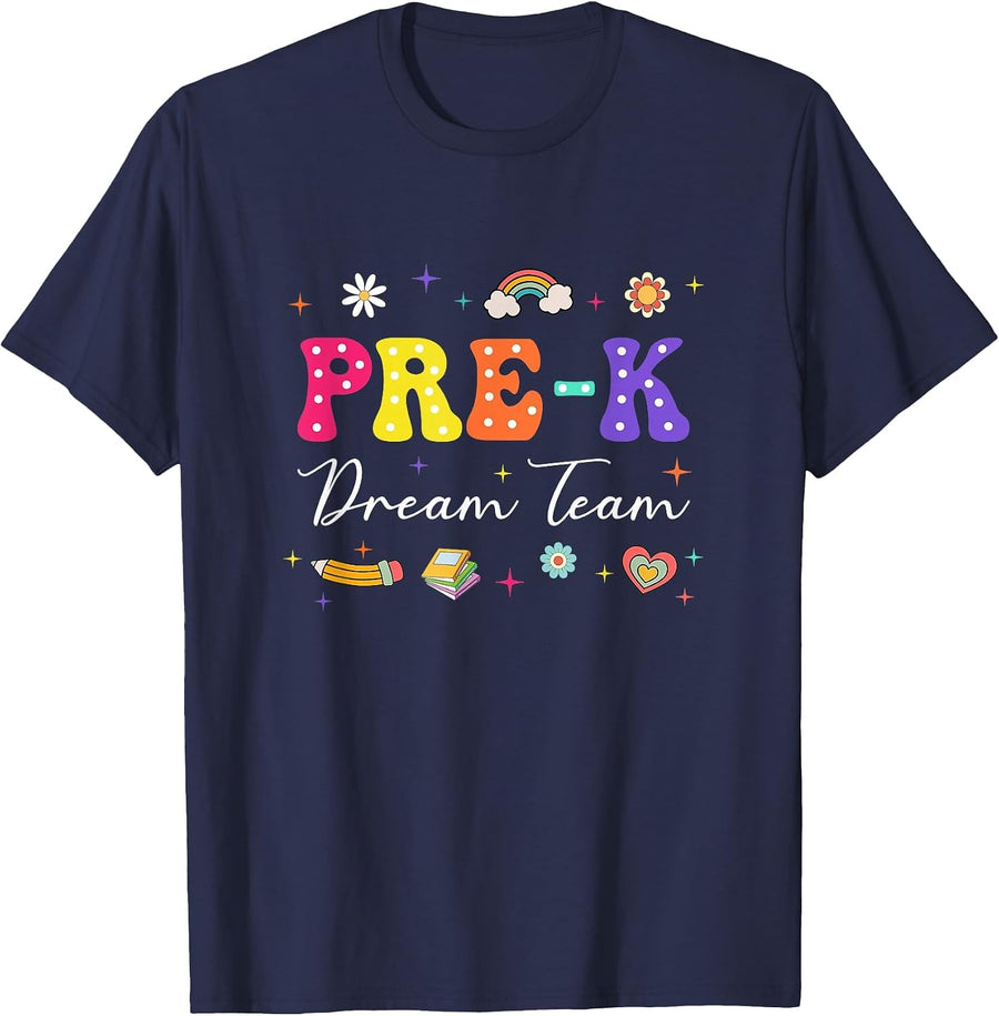 Groovy Pre-K Dream Team Back to School Teacher Kids T-Shirt - Navy Blue
