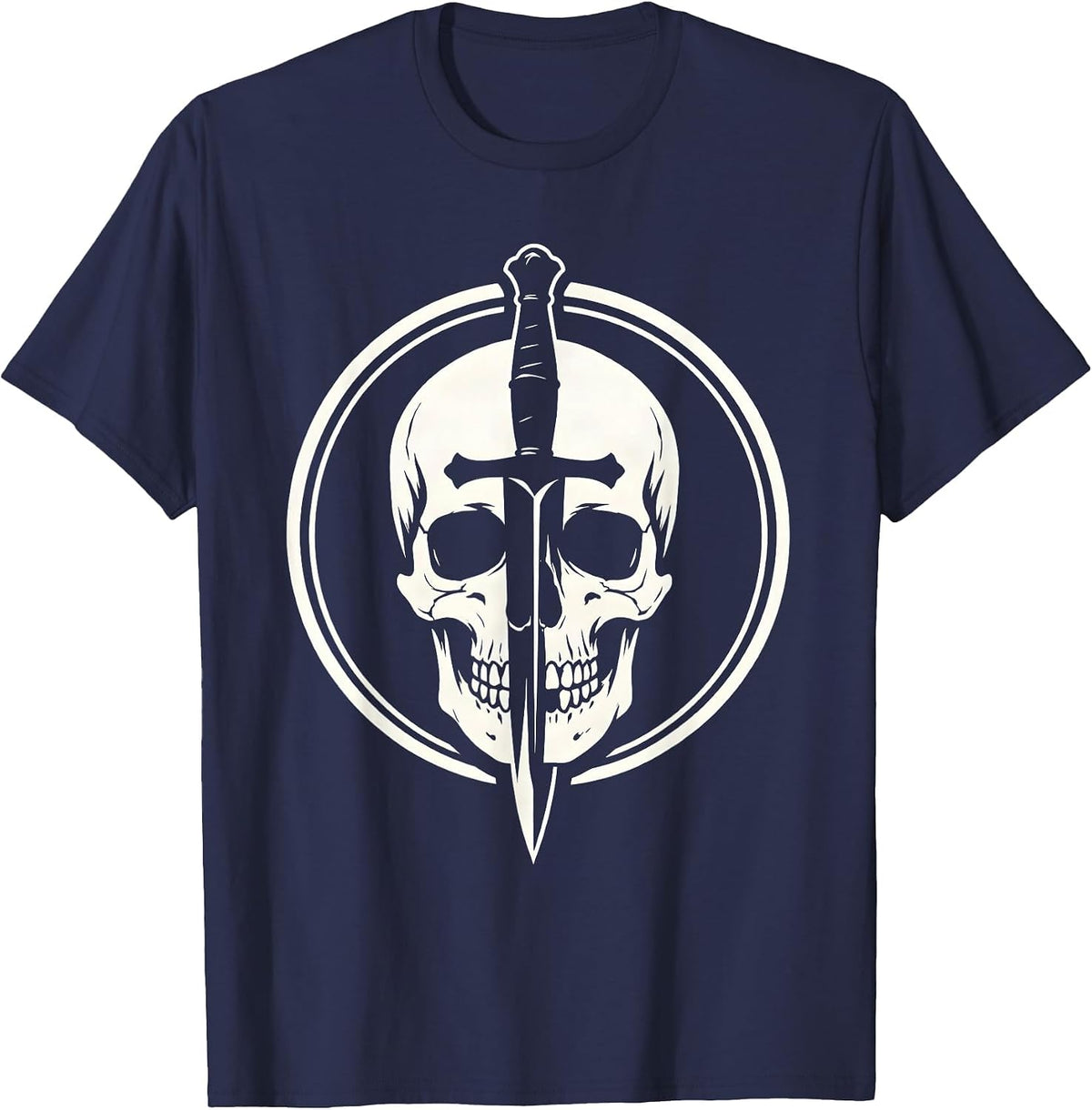 Skull Pierced by Dagger Graphic Design T-Shirt - Navy Blue