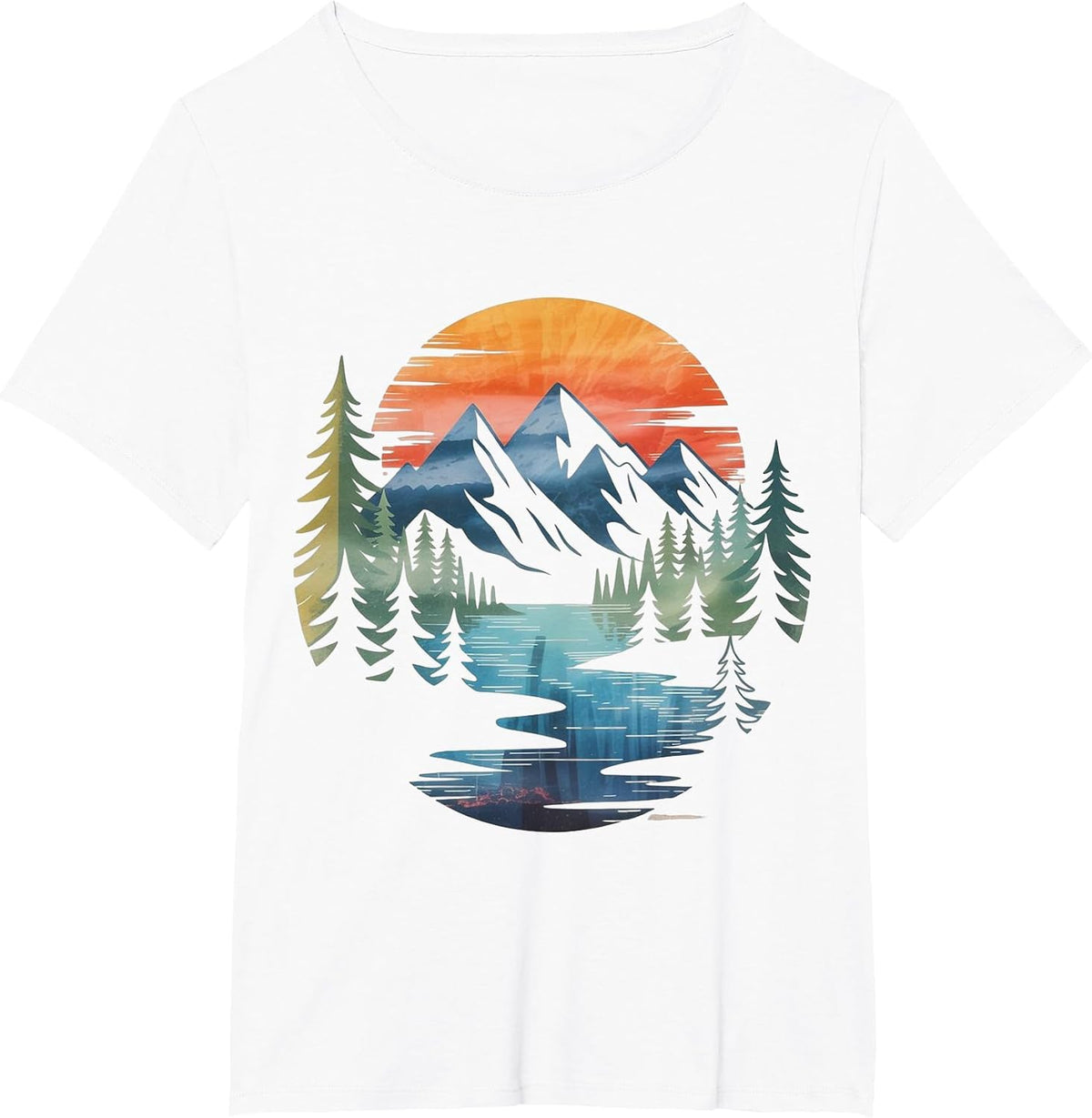 Vintage Mountain Sunset Forest Landscape Graphic River Art T-Shirt - White