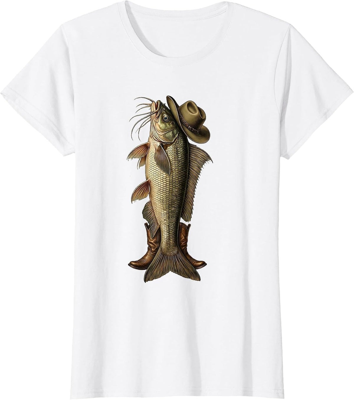 Catfish Cowboy Western Hat and Boots Graphic T-Shirt - White