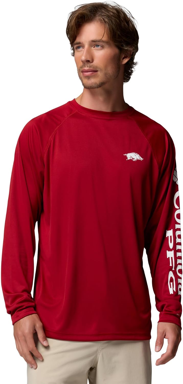 Columbia Men's Collegiate Terminal Tackle Long Sleeve Shirt - Ark - Red Velvet\/White