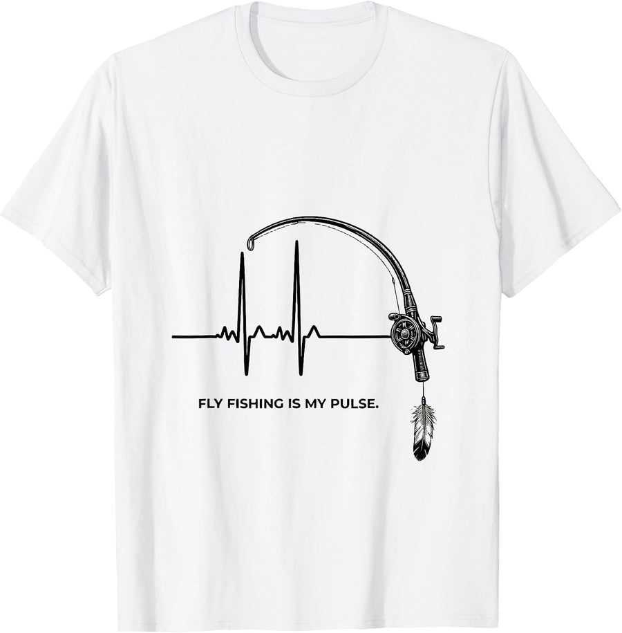 Men's Fly Fishing Is My Pulse Line Art Angler Humor T-Shirt - White