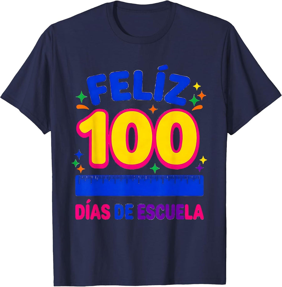 Feliz 100 días de escuela Colorful Spanish Teacher 100th Day T-Shirt - Navy Blue