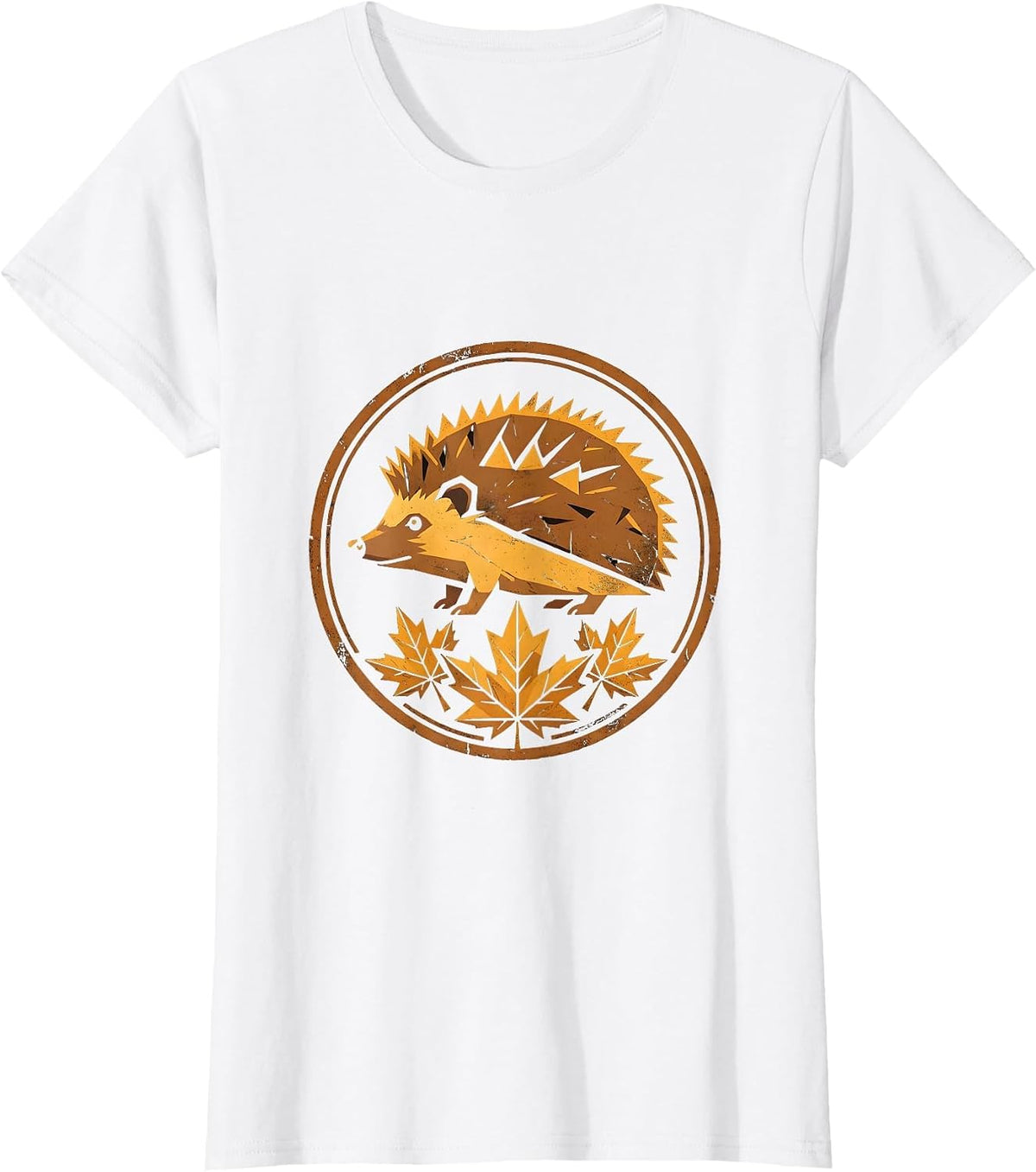 Women's Hedgehog in Autumn Leaves Fall Illustration T-Shirt - White