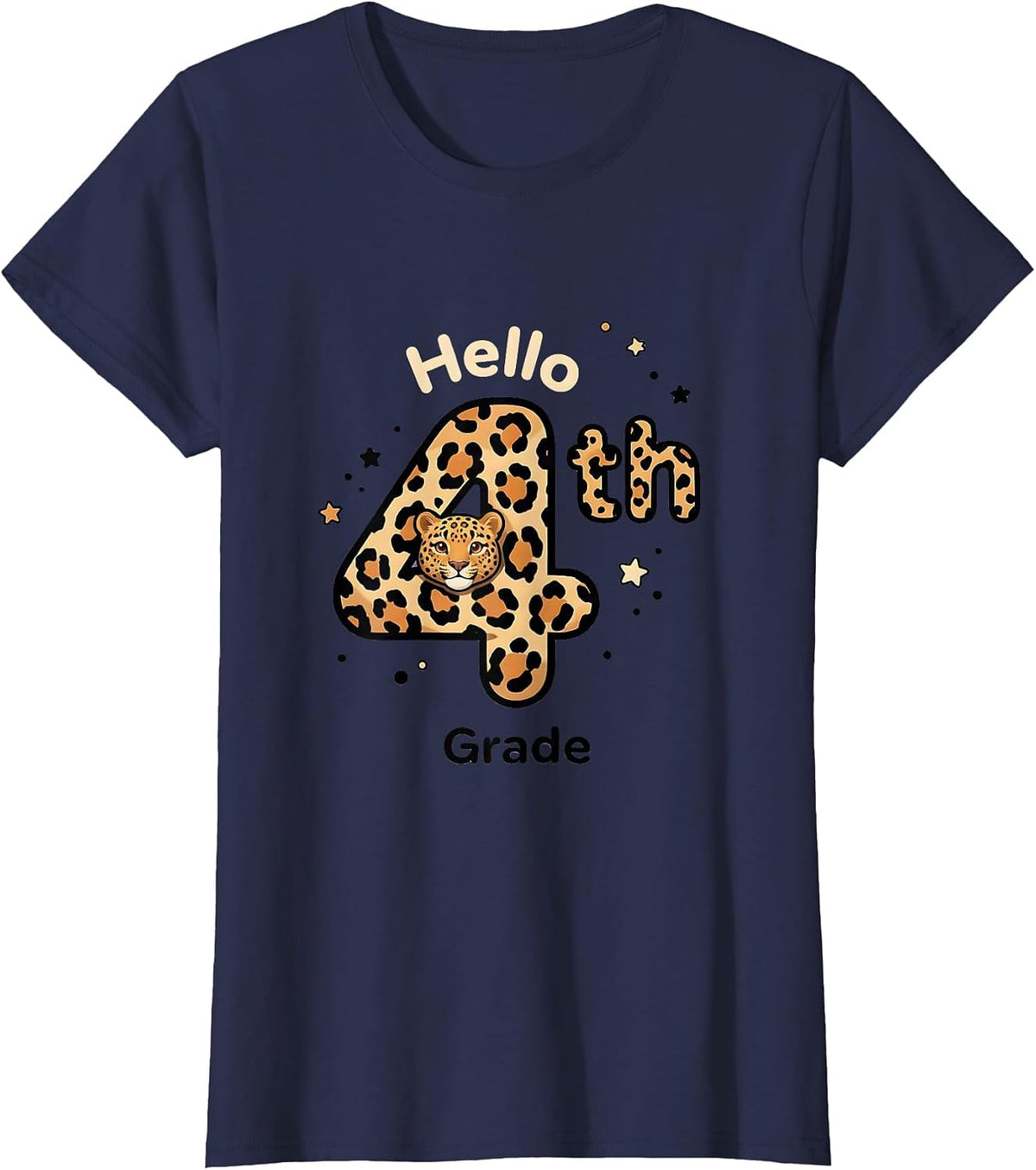 Women's Hello 4th Grade Cute Kawaii Leopard Teacher Student Back T-Shirt - Navy Blue