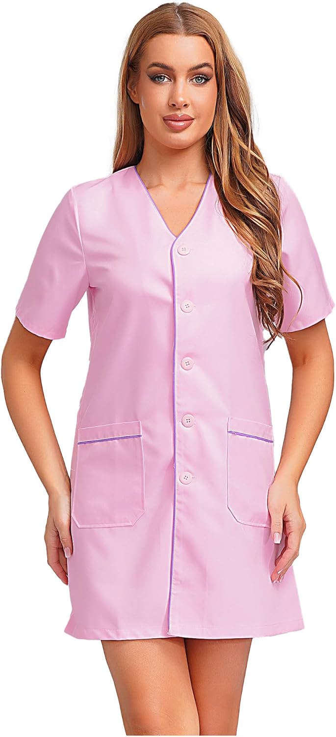 Agoky Womens Short Sleeve Salon Hairstylist Haircut Coat V Neck Beautician Barber Work Shirt Uniform - Pink