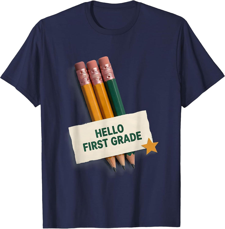 Hello First Grade Cute Back to School Pencil Teacher Student T-Shirt - Navy Blue
