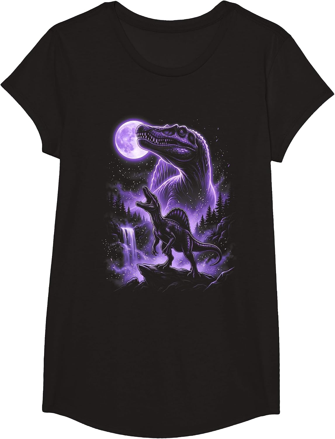 Spinosaurus Silhouette Mystical Moon Dinosaur T-Shirt - Girls Black