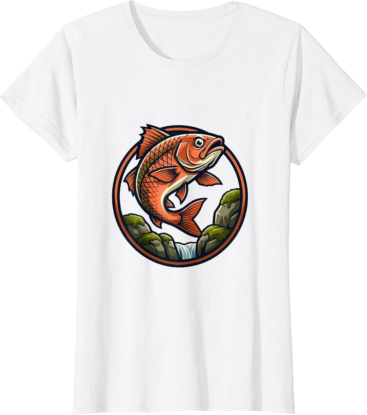 Salmon Jumping Over Mossy Waterfall Rocks T-Shirt - White