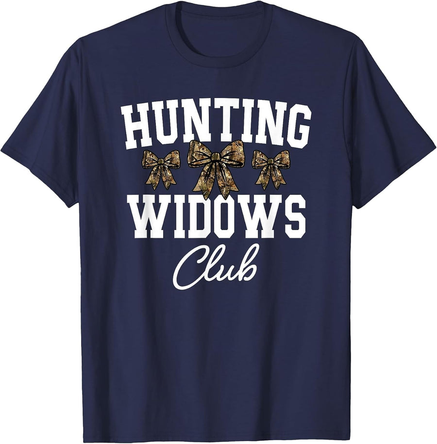 Hunting Widows Club, Funny Deer Hunting Wife, Camo Bow T-Shirt - Navy Blue