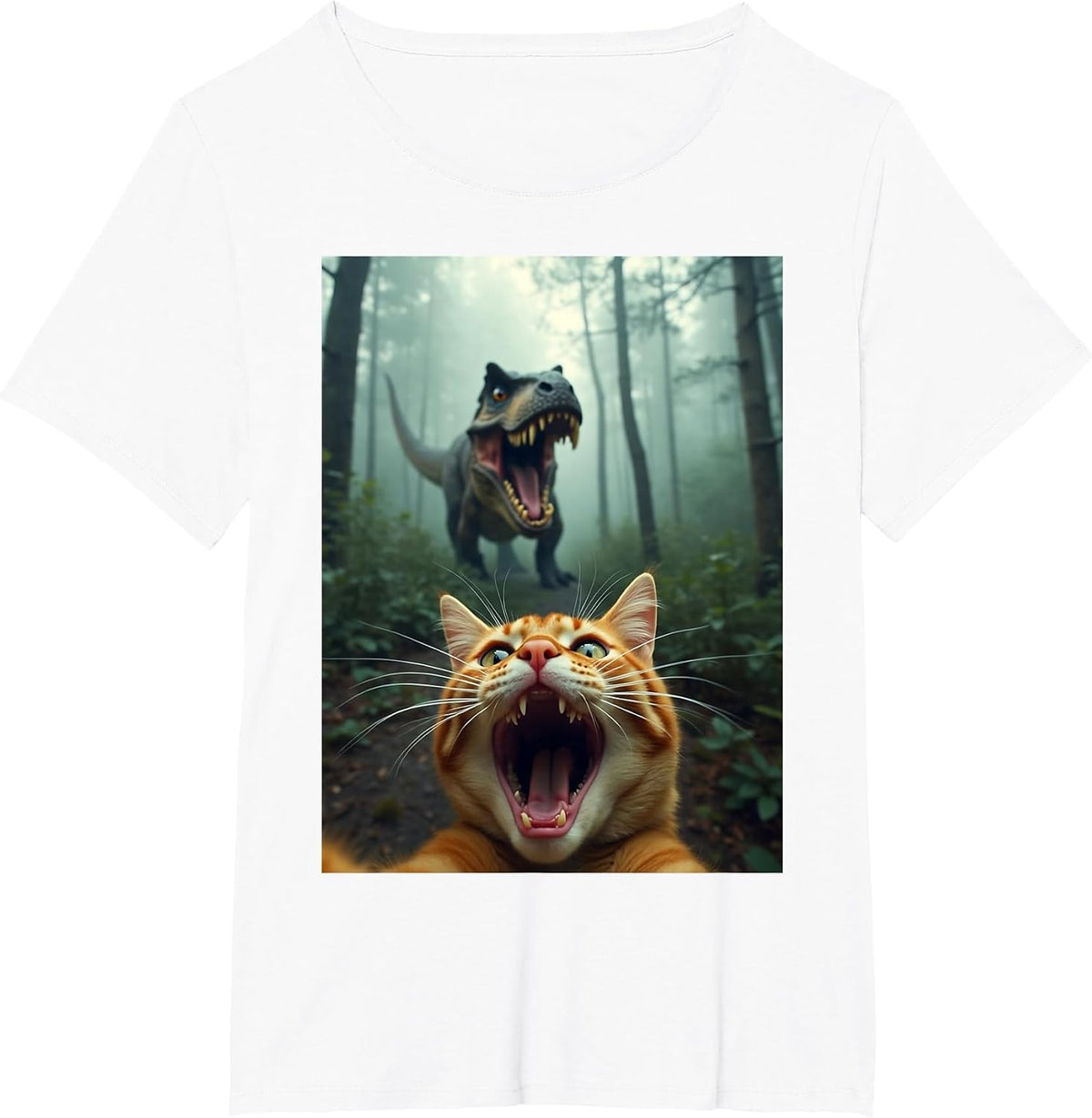 Cat Selfie with T-Rex Dinosaur T-Shirt - White