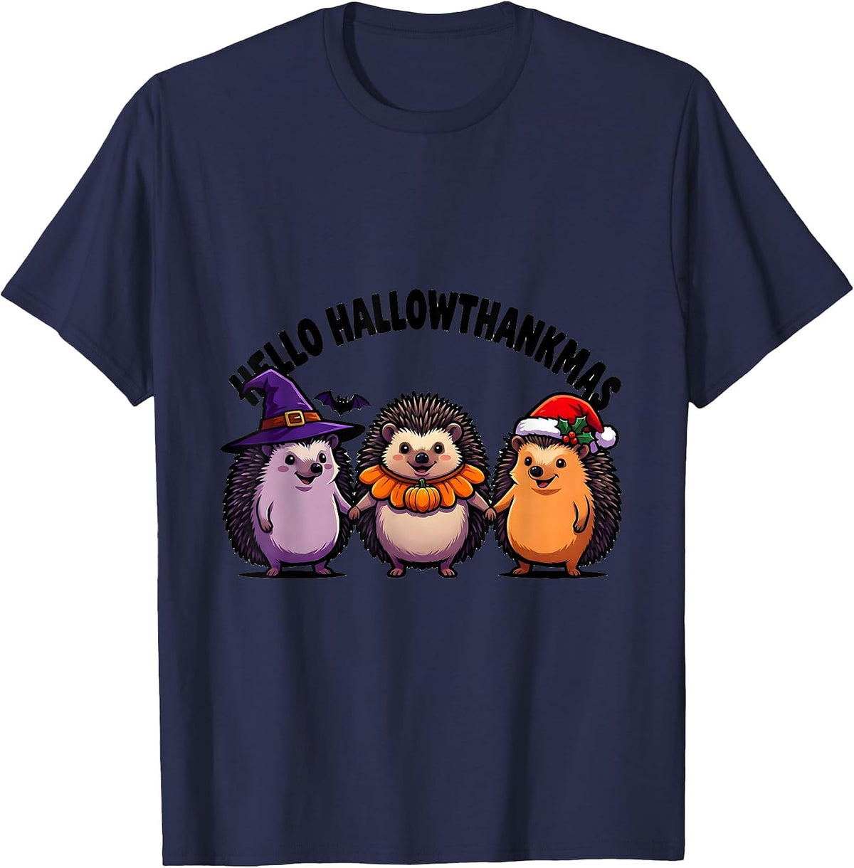 Hello HallowThankmas Cartoon Holiday Mashup Halloween T-Shirt - Navy Blue