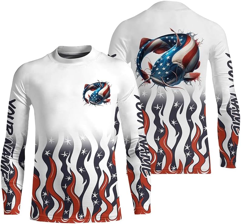Personalized American Flag Catfish Long Sleeve Fishing Shirts, Patriotic Catfish Fishing Gifts - Kid Long Sleeves Upf