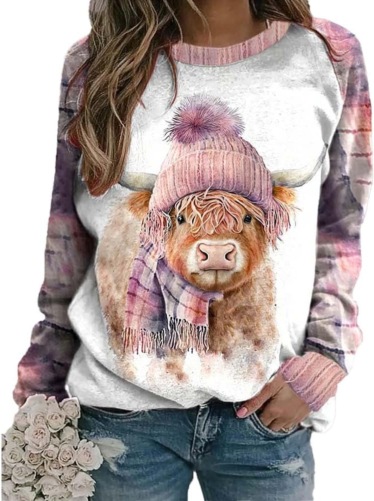 Women's Winter West Highland Cow Plaid Print Sweatshirt Western Highland Cow Shirts for Women - Pink