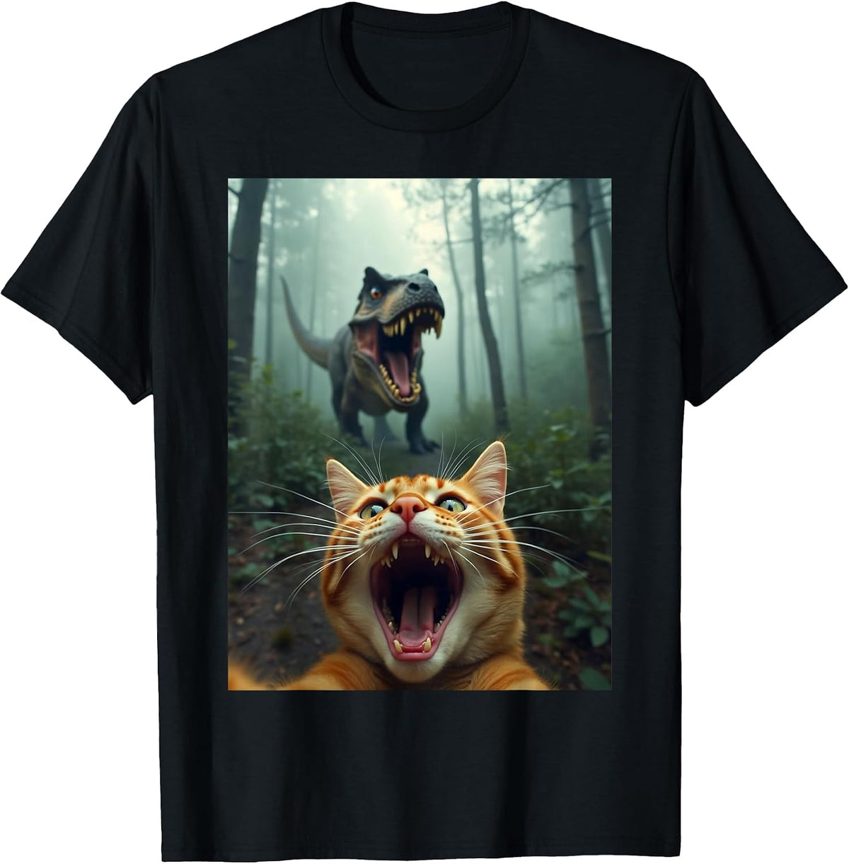 Cat Selfie with T-Rex Dinosaur T-Shirt - Black