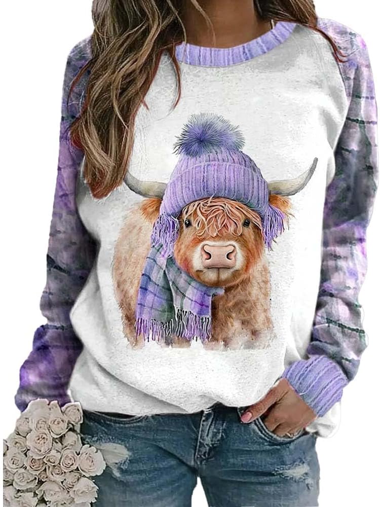 Women's Winter West Highland Cow Plaid Print Sweatshirt Western Highland Cow Shirts for Women - Purple